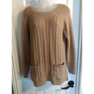 Olivia Sky Pullover Sweater Tan Cable Knit Front Pockets Sz L Boho Lagenlook